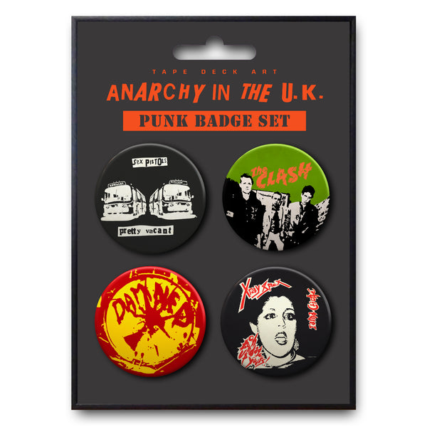 4 x Punk Badge Set, Anarchy in the UK (Sex Pistols, The Damned, The Clash & X-Ray Spex)