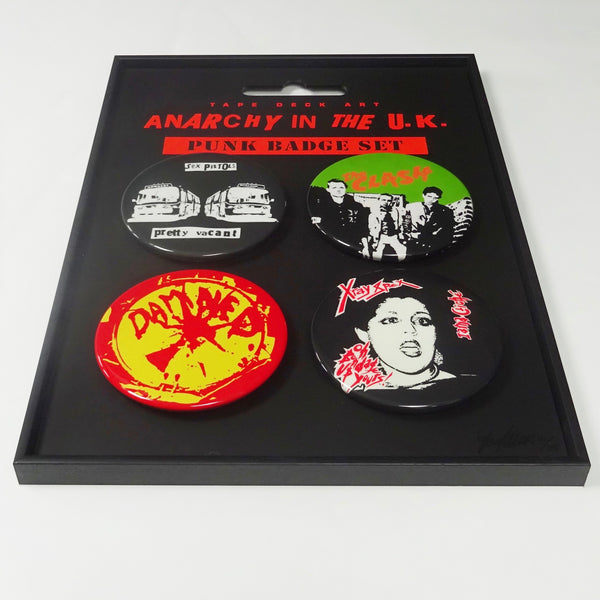 4 x Punk Badge Set, Anarchy in the UK (Sex Pistols, The Damned, The Clash & X-Ray Spex)