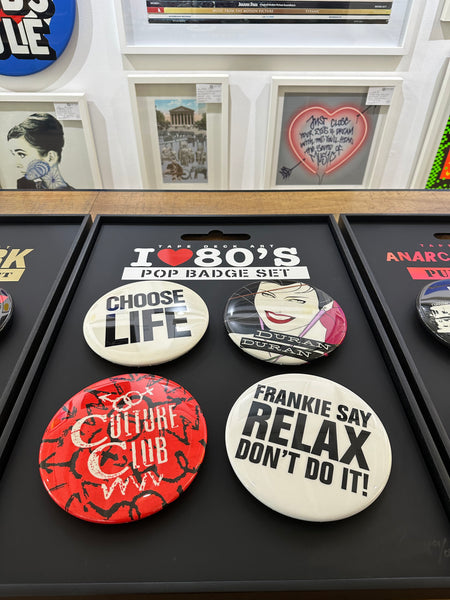 4 x Pop Badge Set, I Love 80's (Wham!, Frankie Goes to Hollywood, Culture Club & Duran Duran)