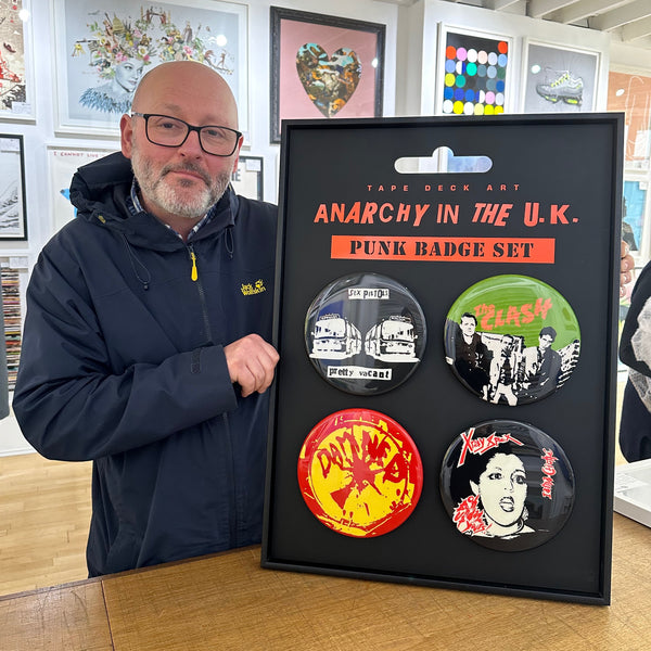 4 x Punk Badge Set, Anarchy in the UK (Sex Pistols, The Damned, The Clash & X-Ray Spex)